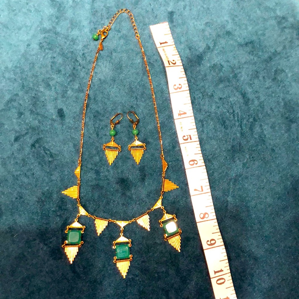 Antique gold and green stone necklace and earrings set